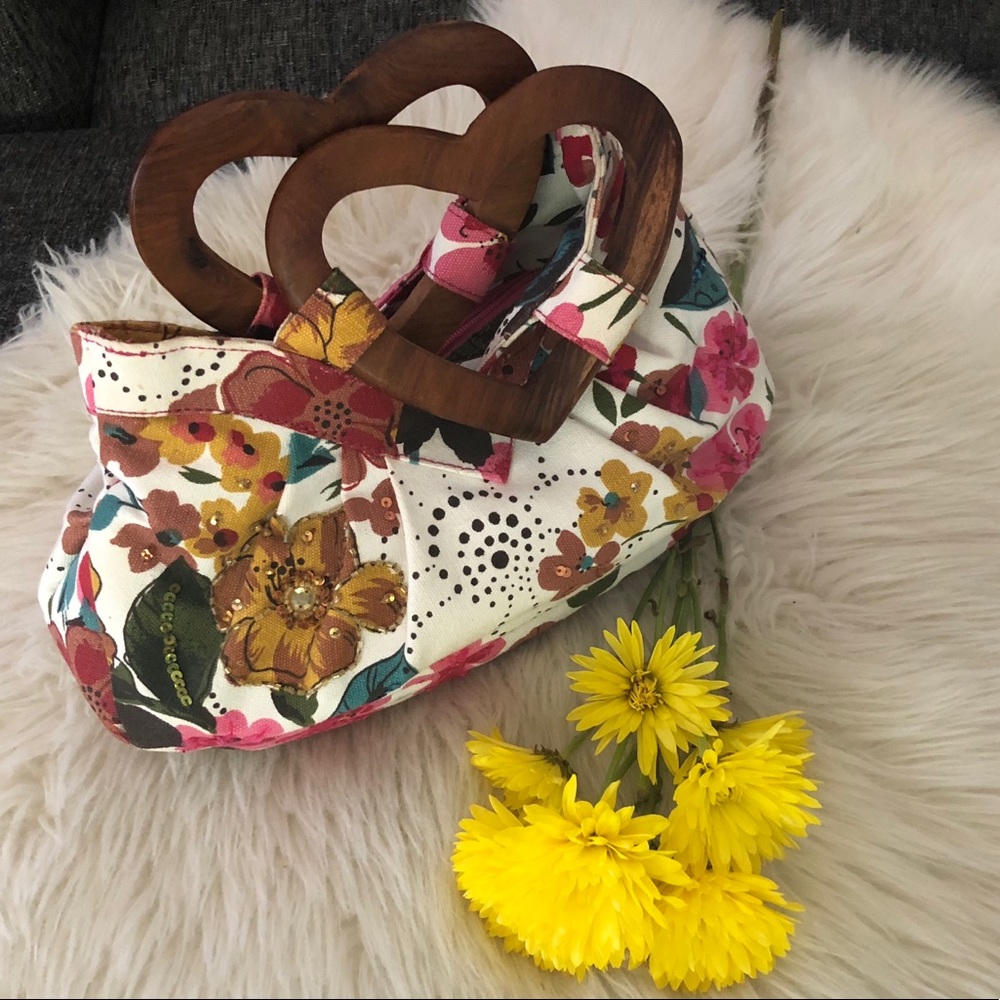 Floral Purse with Heart-shaped Wooden Handles